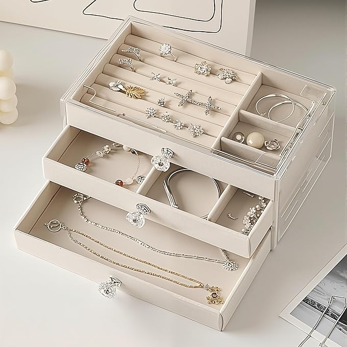 Multifunctional Jewelry Storage Organizer –  Transparent Box with 3 Velvet-Lined Drawers for Earrings, Rings, Necklaces, Watches – Velvet Drawer Box